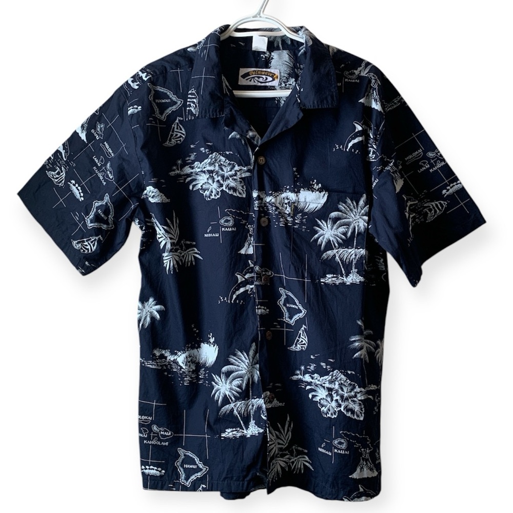 Palmwave, Hawaiian, navy map, 100% cotton, aloha shirt, men’s size L